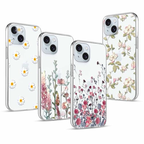 Phoona 4 Stück Durchsichtig Silikon Handyhülle für Apple iPhone 13/14 6,1" Hülle,Weiche Transparente Case, Ultra Dünn TPU Stoßfeste Kratzfeste Schutzhülle mit Blumen Motiv Designs Cover für iPhone 14 von Phoona