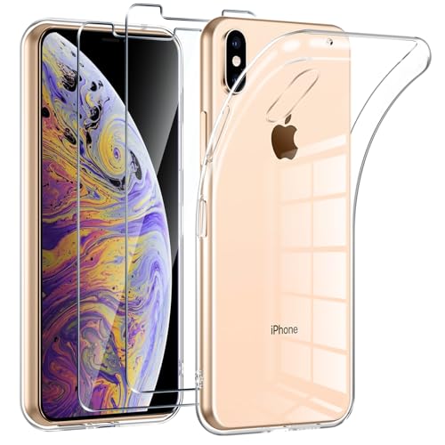 Phoona HandyHülle für iPhone X/XS Hülle mit 2 Stück Panzerfolie,Dünne Weiche TPU Silikon Transparent Stoßfest Schutzhülle für iPhone X Hülle Klar Kratzfest von Phoona