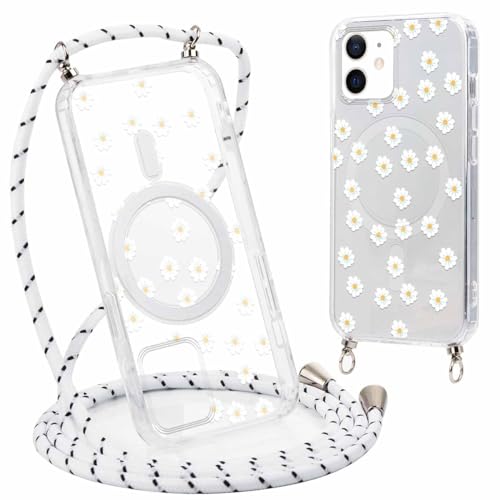 Phoona Handyhülle Handykette für iPhone 12/iPhone 12 Pro 6,1" Hülle mit Band, Transparent Magnetisch Case Kompatibel mit Magsafe, Silikon Stoßfest Kordel Schutzhülle mit Blumen9 Aesthetic Muster von Phoona