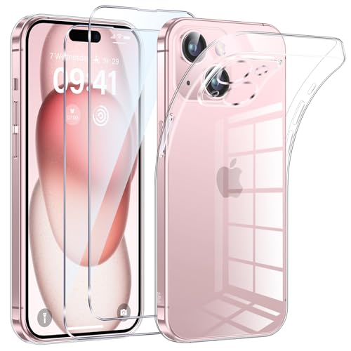 Phoona Handyhülle für iPhone 15 Hülle mit 2 Stück Panzerfolie,Dünne Weiche TPU Silikon Transparent Stoßfest Schutzhülle für iPhone 15 Hülle Klar Kratzfest von Phoona