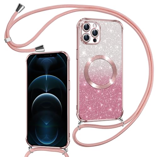 Phoona Handykette Hülle für iPhone 12 Pro Max mit Band [kompatibel mit MagSafe], Luxuriöse Glitzer Beschichtung Magnetische Handyhülle für iPhone 12 Pro Max Silikon Stoßfest Schutzhülle, Rosa von Phoona