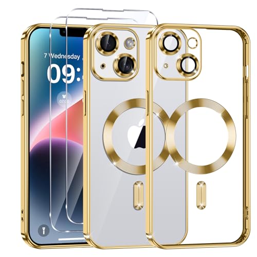 Phoona Klare Magnetisch Hülle für iPhone 14 6,1 Zoll, mit 2 Stück Gehärtete Glas Schutzfolie, Anti-Gelb, Stoßfest Kabellosem Laden, Anti Scratch, Gold Phoona Klare Magnetisch Hülle für iPhone 14 6,1 Zoll, mit 2 Stück Gehärtete Glas Schutzfolie, Anti-Gelb, Stoßfest Kabellosem Laden, Anti Scratch, Gold von Phoona