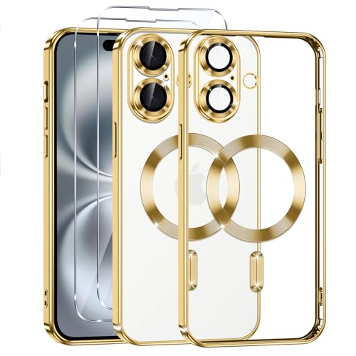 Phoona Klare Magnetisch Hülle für iPhone 16 6,1 Zoll, mit 2 Stück Gehärtete Glas Schutzfolie, Anti-Gelb, Stoßfest Kabellosem Laden, Anti Scratch, Gold von Phoona