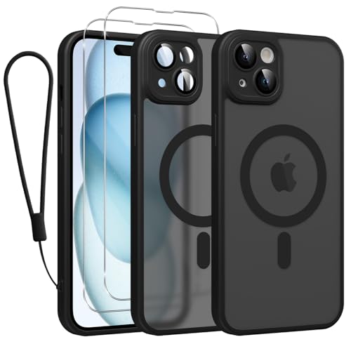 Phoona Magnetisch Hülle für iPhone 15 6,1 Zoll Kompatibel mit MagSafe, mit 2 Schutzfolie & 1 Handykette, Stoßfeste Kratzfeste Schutzhülle Dünne Handyhülle Durchscheinende Matte Case, Schwarz von Phoona