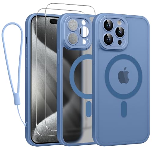 Phoona Magnetisch Hülle für iPhone 15 Pro 6,1 Zoll Kompatibel mit MagSafe, mit 2 Schutzfolie & 1 Handykette, Stoßfeste Kratzfeste Schutzhülle Dünne Handyhülle Durchscheinende Matte Case, Blau Phoona Magnetisch Hülle für iPhone 15 Pro 6,1 Zoll Kompatibel mit MagSafe, mit 2 Schutzfolie & 1 Handykette, Stoßfeste Kratzfeste Schutzhülle Dünne Handyhülle Durchscheinende Matte Case, Blau von Phoona
