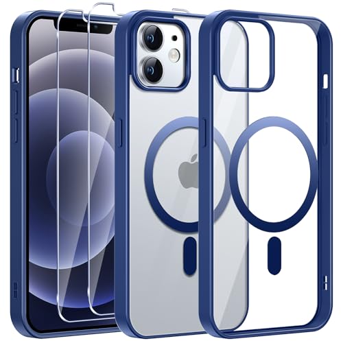 Phoona Magnetisch für iPhone 12/12 Pro Hülle mit 2 Stück Schutzfolie, Kompatibel mit Magsafe, Durchscheinende Matt, Rückseite Dünn Stoßfest Schutzhülle für iPhone 12 Case, Blau von Phoona
