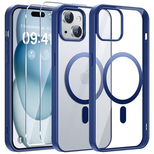 Phoona Magnetische für iPhone 15 Hülle, [Kompatibel Mit MagSafe],mit 2 Stück Schutzfolie,Kabelloses Laden, Transparente Rückseite Handyhülle für iPhone 15,Blau Rahmen von Phoona