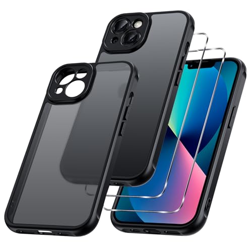 Phoona Matt Hülle für iPhone 13 6,1 Zoll, Handyhülle Stoßfest Kratzfest mit 2 Stück Schutzfolie, Schutzhülle Anti-Fingerabdruck Anti-Ölflecken Durchscheinende Rückseite, Schwarz von Phoona