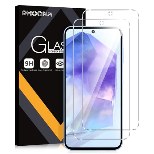 Phoona Schutzfolie für Samsung Galaxy A55 5G, 2 Stück Gehärtetes Glas Displayschutzfolie für Samsung A55, Frei von Kratzern, 9H Härte, Leicht Anwendbar, HD Klar(6,5'') von Phoona