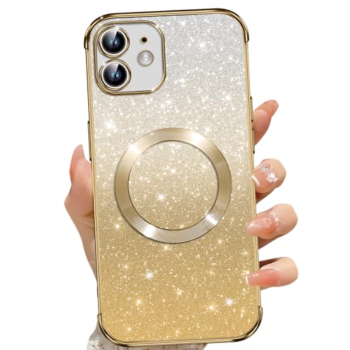 Phoona für iPhone 12 Hülle, Magnetisch Handyhülle Kompatibel mit MagSafe, Keine Vergilbung, Kratzfeste, Ganzkörperschutz Glitzer Hülle für iPhone 12, Mit 2 Schutzfolie, Gold von Phoona