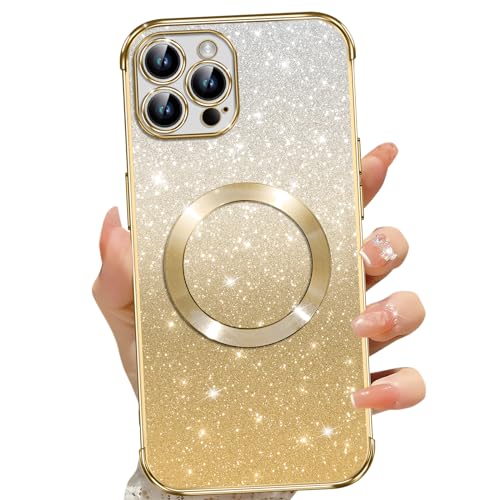 Phoona für iPhone 12 Pro Max Hülle, Magnetisch Handyhülle Kompatibel mit MagSafe, Keine Vergilbung, Kratzfeste, Ganzkörperschutz Glitzer Hülle für iPhone 12 Pro Max, Mit 2 Schutzfolie, Gold von Phoona