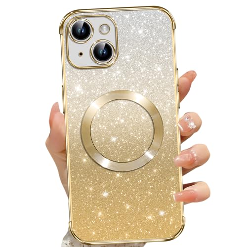 Phoona für iPhone 14 Hülle, Magnetisch Handyhülle Kompatibel mit MagSafe, Keine Vergilbung, Kratzfeste, Ganzkörperschutz Glitzer Hülle für iPhone 14, Mit 2 Schutzfolie, Gold von Phoona