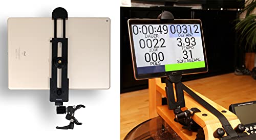 Photecs Tablet-Halterung Pro V2, für iPad Pro und andere Tablet-PC´s oder Smartphones (ab 5" bis 14 Zoll) an Rudergerät, Heimtrainer, Ergometer etc. (Klemmentyp1) von Photecs