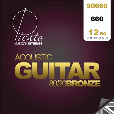 Von Picato 90660 80/20 Bronze Rund gewickelt 12–54 Akustische Gitarre Saiten, Set 6 Stück von Picato