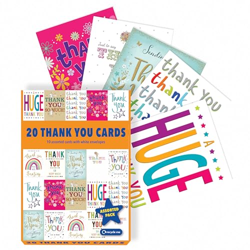 Box mit verschiedenen Dankeskarten, Multipack, Dankeskarten, 20 Stück, 12,7 x 17,8 cm, inklusive 10 einzigartigen, bunten Designs, mit weißen Umschlägen, geeignet für alle Altersgruppen und von Piccadilly Greetings