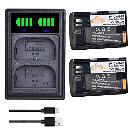 LP-E6 Akku und LED Dual Ladegerät, Pickle Power 2 x 2600mAh Akkus für Canon EOS LP-E6N 5DS R 5D Mark II 5D Mark III 6D 7D 60D 70D 80D Kameras von Pickle Power