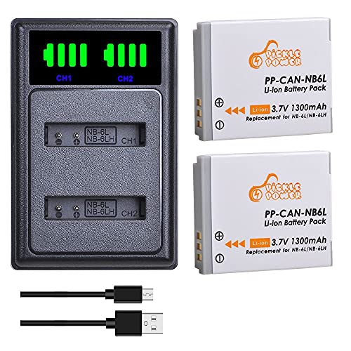 NB-6L Akkus mit LED-USB-Ladegerät, 2x1300 mAh Akkus kompatibel mit Canon NB-6LH Canon PowerShot D10 D20 D30 S95 SX260 SX280 SX540 SX700 SX710 HS Kameras von Pickle Power