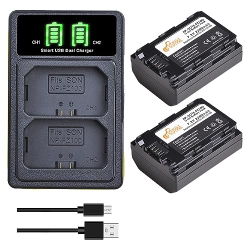 NP-FZ100 Akku, Pickle Power 2 Stück 2280 mAh Ersatzakku mit LED-Doppelladegerät mit Typ-C-Ladeanschluss für Sony ILCE-9 A7C A7R4 A7M4 A7RM4 A7M3 A9 A73 7RM3 A7R3 A6600 von Pickle Power