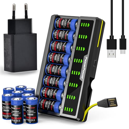 Pickle Power 16 Pack 123A 3.7V Lithium Batterie 750mAh und Smart Ladegerät für Arlo Kamera (VMC3030/VMK3200/VMS3330/3430/3530) von Pickle Power