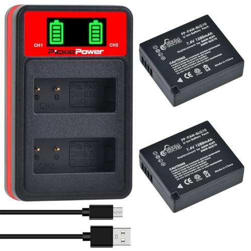 Pickle Power DMW-BLE9E DMW-BLG10 Akku Ladegerät Pack, 2x1280mAh Batterien + Dual Ladegerät für Panasonic Lumix DMC-ZS60 GF3 GF5 GF6 GX7 GX80 GX85 GX9 LX100 ZS100 TZ80 TZ100 TZ101 TZ202 TZ91 TZ99 von Pickle Power