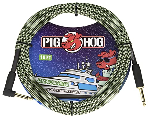 Pig Hog Vintage Serie Instrumentenkabel, Jamaican Green, 3m/10ft, 6.35 (1/4”) auf 6.35 (1/4”), Hochwertige Qualität, Gewebt, Winkelstecker von Pig Hog