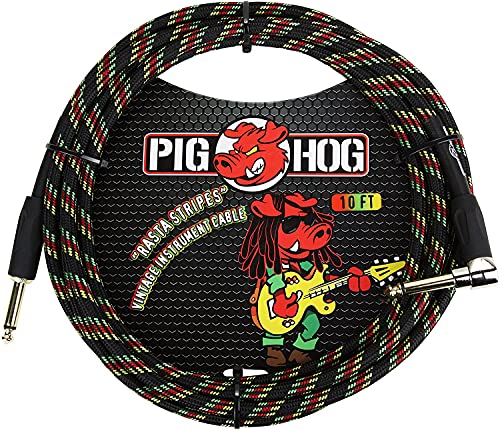 Pig Hog Vintage Serie Instrumentenkabel, Rasta Stripes, 3m/10ft, 6.35 (1/4”) auf 6.35 (1/4”), Hochwertige Qualität, Gewebt, Winkelstecker von Pig Hog