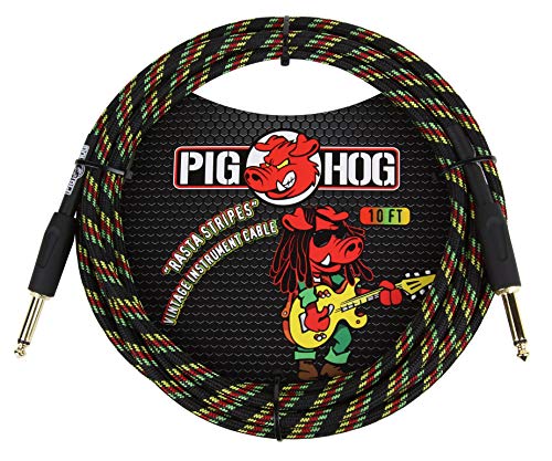 Pig Hog Vintage Serie Instrumentenkabel, Rasta Stripes, 3m/10ft, 6.35 (1/4”) auf 6.35 (1/4”), Hochwertige Qualität, Gewebt von Pig Hog