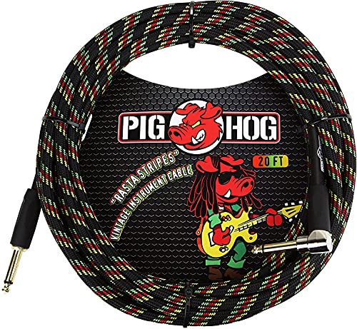 Pig Hog Vintage Serie Instrumentenkabel, Rasta Stripes, 6m/20ft, 6.35 (1/4”) auf 6.35 (1/4”), Hochwertige Qualität, Gewebt, Winkelstecker von Pig Hog