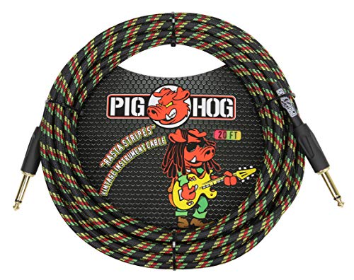 Pig Hog Vintage Serie Instrumentenkabel, Rasta Stripes, 6m/20ft, 6.35 (1/4”) auf 6.35 (1/4”), Hochwertige Qualität, Gewebt von Pig Hog