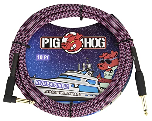 Pig Hog Vintage Serie Instrumentenkabel, Riviera Purple, 3m/10ft, 6.35 (1/4”) auf 6.35 (1/4”), Hochwertige Qualität, Gewebt, Winkelstecker von Pig Hog