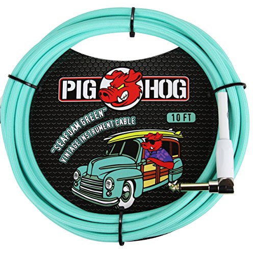 Pig Hog Vintage Serie Instrumentenkabel, Seafoam Green, 3m/10ft, 6.35 (1/4”) auf 6.35 (1/4”), Hochwertige Qualität, Gewebt, Winkelstecker von Pig Hog