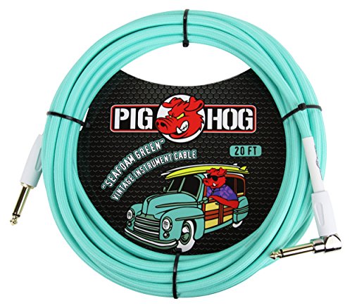 Pig Hog Vintage Serie Instrumentenkabel, Seafoam Green, 6m/20ft, 6.35 (1/4”) auf 6.35 (1/4”), Hochwertige Qualität, Gewebt, Winkelstecker von Pig Hog