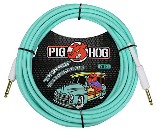 Pig Hog Vintage Serie Instrumentenkabel, Seafoam Green, 6m/20ft, 6.35 (1/4”) auf 6.35 (1/4”), Hochwertige Qualität, Gewebt von Pig Hog