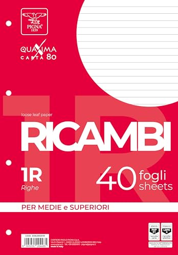 Pigna, Packung mit 40 Nachfüllpackungen mit 4 Löchern für die Ablage, A4 Format, 21x29,7, Blätter mit Löchern ohne Verstärkung, 1R, liniert von Pigna