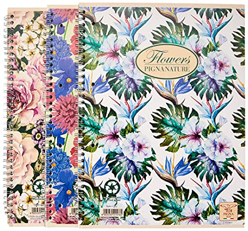 Pigna, Natur Blumen Spiralgebundene Notizbücher, A4 22x29,7 cm, mit 4 Löchern und Mikroperforation, 5M innen, 5 mm Quadrate, 80 g/qm, Recyclingpapier, sortierte Themen, 5 von Pigna