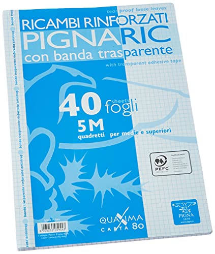 Pigna Spares Verstärkt mit transparentem Band, 5M Futter, 5 mm Quadrate für mittlere und höhere, 80 g / qm Papier, Packung mit 40 Blatt, weiß von Pigna