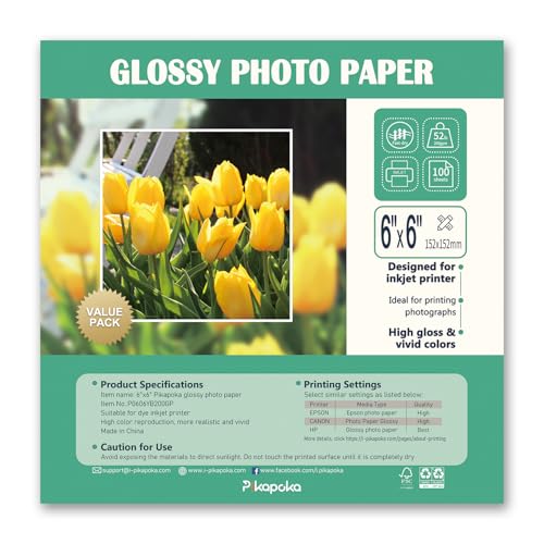Pikapoka Fotopapier, glänzend, 23,6 kg, quadratisches Fotopapier für Farbstoff-Tintenstrahldrucker, 200 g/m², 100 Stück von Pikapoka