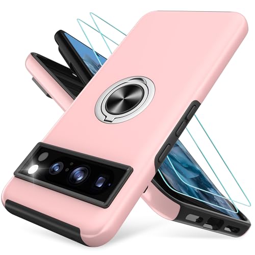 Handyhülle für Google Pixel 8 Pro hülle mit 2 Stück Schutzfolie[360° Unsichtbarem Drehbarem Ständer] TPU + PC Stoßfest Schutzhülle Handyhülle für Pixel 8 Pro-Rosa von Pilaru
