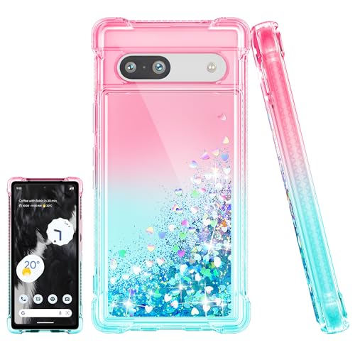 Kompatibel mit Google Pixel 7a Hülle,(Unzerstörbar Stoßfestigkeit) Handyhülle Transparent Flüssigkeit Glitzer Silikon TPU Mädchenhaft Frau Handyhülle, Hülle für Google Pixel 7a,Rosa/Blaugrün von Pilaru
