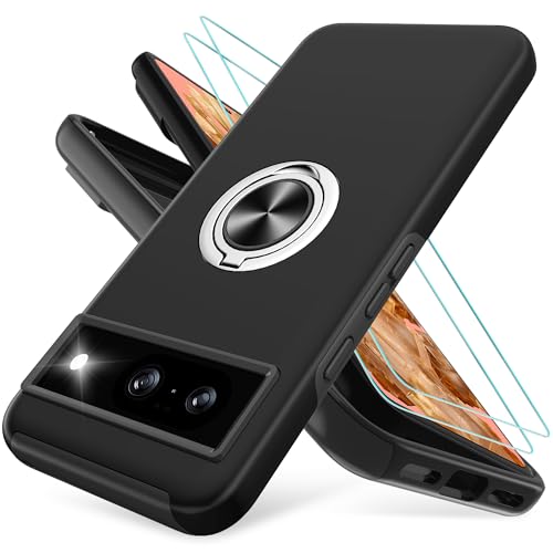 Kompatibel mit Google Pixel 8 Hülle mit 2*Schutzfolie,Pixel 8 hülle mit 360° Unsichtbarem Drehbarem Ständer,Kratzfeste Schutzhülle für Pixel 8 case-Schwarz von Pilaru