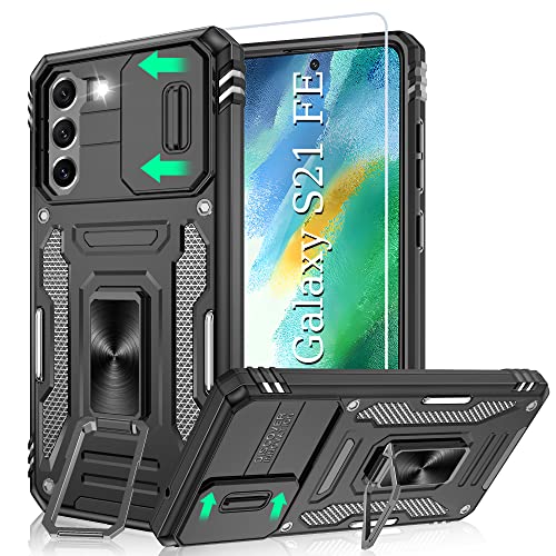 Kompatibel mit Samsung Galaxy S21 FE Hülle Schiebe-Kameraabdeckung Stoßfestes Samsung S21 FE 5G Hülle mit 360°Ständer Handyhülle Samsung S21 FE Schwarz von Pilaru