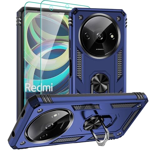 Pilaru Handyhülle für Xiaomi Redmi A3 4G Hülle,mit 2 Stück Schutzfolie, 360° Drehhalter Ring Kratzfest Militär Stoßfest Outdoor Schutzhülle für Redmi A3 4G,Blau von Pilaru