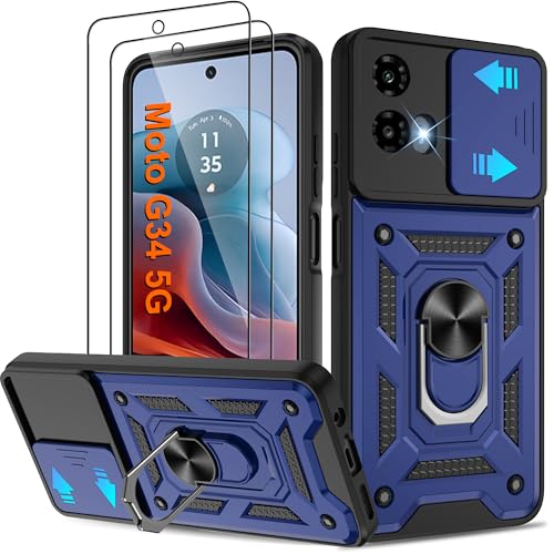 Pilaru Hülle für Motorola Moto G34 5G, Kameraschutz Handyhülle mit 2 Stück Schutzfolie, 360°Drehhalter Ring Kratzfest Stoßfest Schutzhülle für Moto G34,Blau Pilaru Hülle für Motorola Moto G34 5G, Kameraschutz Handyhülle mit 2 Stück Schutzfolie, 360°Drehhalter Ring Kratzfest Stoßfest Schutzhülle für Moto G34,Blau von Pilaru