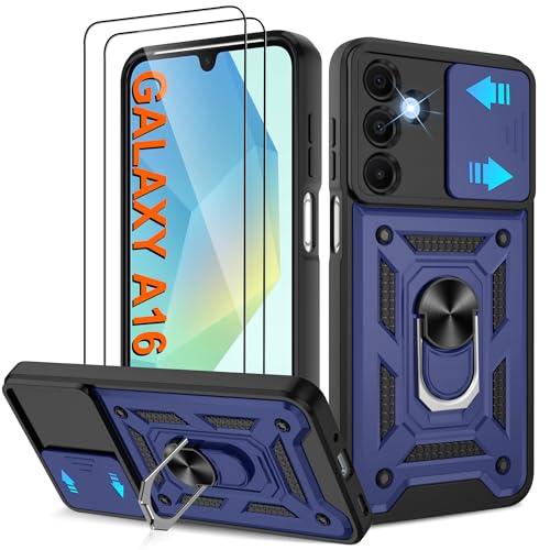 Pilaru Hülle für Samsung Galaxy A16 Handyhülle,Schiebe-Kameraschutz Case mit 2 Stück Schutzfolie,360°Drehbarer Fingerring Ständer Schutzhülle Militärqualität Stoßfest for Samsung A16,Blau von Pilaru