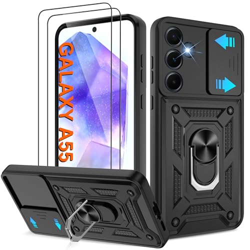 Pilaru Hülle für Samsung Galaxy A55 Handyhülle,Schiebe-Kameraschutz Case mit 2 Stück Schutzfolie,360°Drehbarer Fingerring Ständer Schutzhülle Militärqualität Stoßfest for Samsung A55,Schwarz von Pilaru