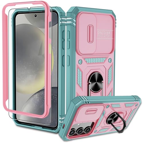 Pilaru Samsung Galaxy S24 5G Hülle, S24 5G Kameraschutz Handyhülle mit 1 Stück Schutzfolie, 360° Drehhalter Ring Schutzhülle Militär Stoßfest Kratzfest Outdoor Handy Hüllen für Samsung S24-Rose Grün von Pilaru