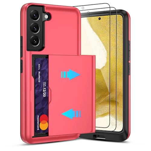 Pilaru Schiebekartenhalter für Samsung S22, versteckte Schlitzkarten, 2 Displayschutzfolien, stoßfest und rutschfest, langlebiges, zweilagiges Design für Galaxy S22, Rot Pilaru Schiebekartenhalter für Samsung S22, versteckte Schlitzkarten, 2 Displayschutzfolien, stoßfest und rutschfest, langlebiges, zweilagiges Design für Galaxy S22, Rot von Pilaru