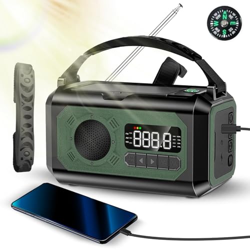 Notfallkurbel Wetter Radio NOAA Wetteralarm 12000mah Solar Handkurbel tragbares AM FM WB Radio mit Taschenlampe Lesen Lampe Handy Ladegerät SOS Kopfhörerbuchse Kompass für Outdoor (DarkGreen) von Pilipane