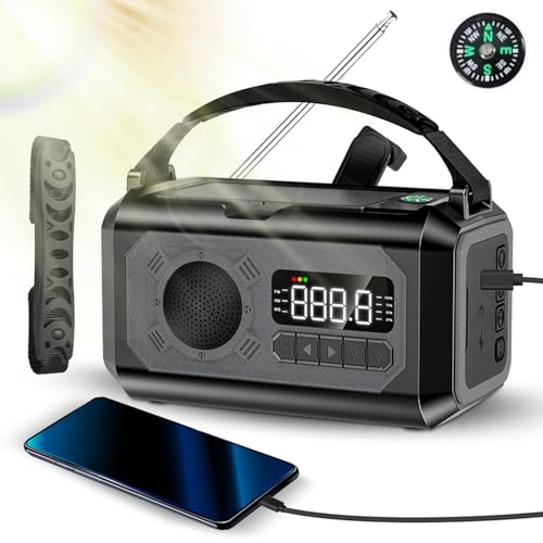 Notfallkurbel Wetter Radio NOAA Wetteralarm 12000mah Solar Handkurbel tragbares AM FM WB Radio mit Taschenlampe Lesen Lampe Handy Ladegerät SOS Kopfhörerbuchse Kompass für Outdoor (Schwarz) von Pilipane