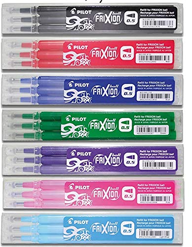 PILOT Tintenroller FRIXION ERSATZMINEN-SET für FriXion Clicker 05, 7 x 3er Sets Minen in allen Farben: blau, schwarz, rot, grün, pink, violett, hellblau von Pilot Pen